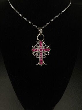 Chrome Hearts Double Floral Cross Pink Diamond Studded Unisex Necklace